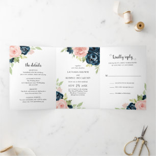 Invitación Tríptica Boda floral elegante de azul marino y rosa rubor m