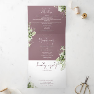 Invitación Tríptica Boda floral elegante de color malva con foto y veg