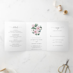 Invitación Tríptica Boda floral elegante de magnolia rosa