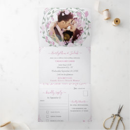 Invitación Tríptica Boda floral elegante de peonía rosa rubor