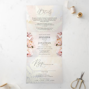Invitación Tríptica Boda floral elegante rosa rubor