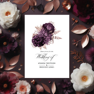 Invitación Tríptica Boda floral en rosa oro y púrpura oscuro