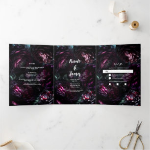 Invitación Tríptica Boda floral encantado de flores onduladas negrita