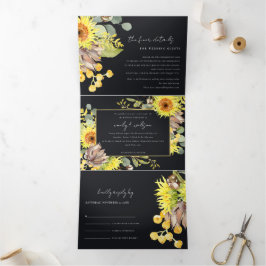 Invitación Tríptica Boda FLORAL EUCALÍPTUS RÚSTICAMENTE NEGRO