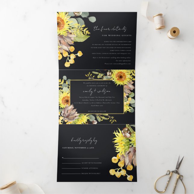 Invitación Tríptica Boda FLORAL EUCALÍPTUS RÚSTICAMENTE NEGRO (Interior)