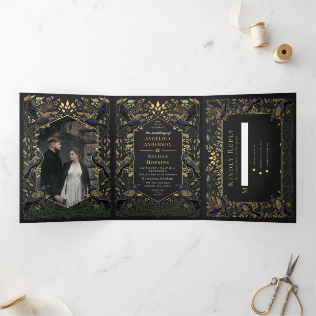 Invitación Tríptica Boda floral gótico encantado Green (Interior)