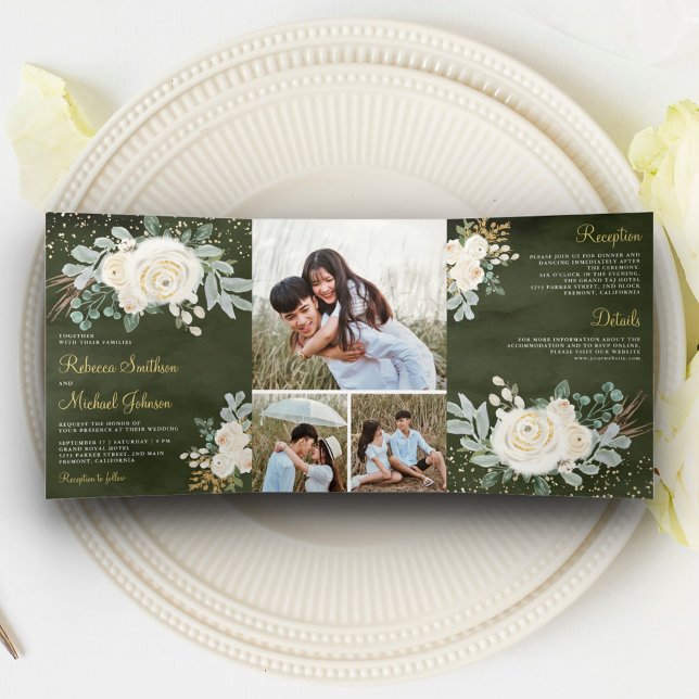 Invitación Tríptica Boda Floral Marrón Dorado Marfil Verde Rústico (Subido por el creador)