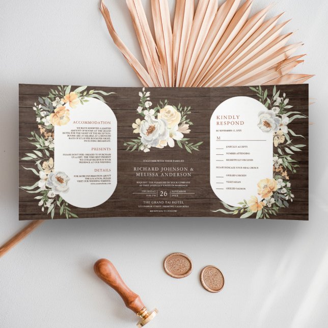 Invitación Tríptica Boda Floral Melocotón Terroso Boho Madera de Grane (Subido por el creador)