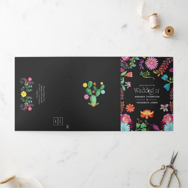Invitación Tríptica Boda floral mexicano de Fiesta (Exterior)