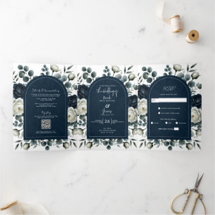 Invitación Tríptica Boda floral moderna azul oscuro y blanco