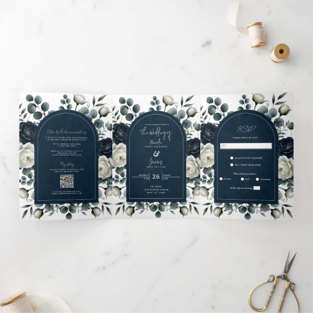 Invitación Tríptica Boda floral moderna azul oscuro y blanco (Interior)