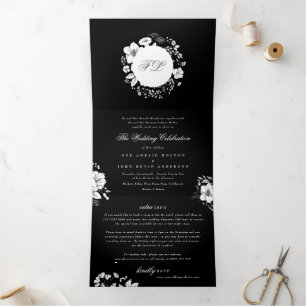 Invitación Tríptica Boda floral monograma de caligrafía elegante negra