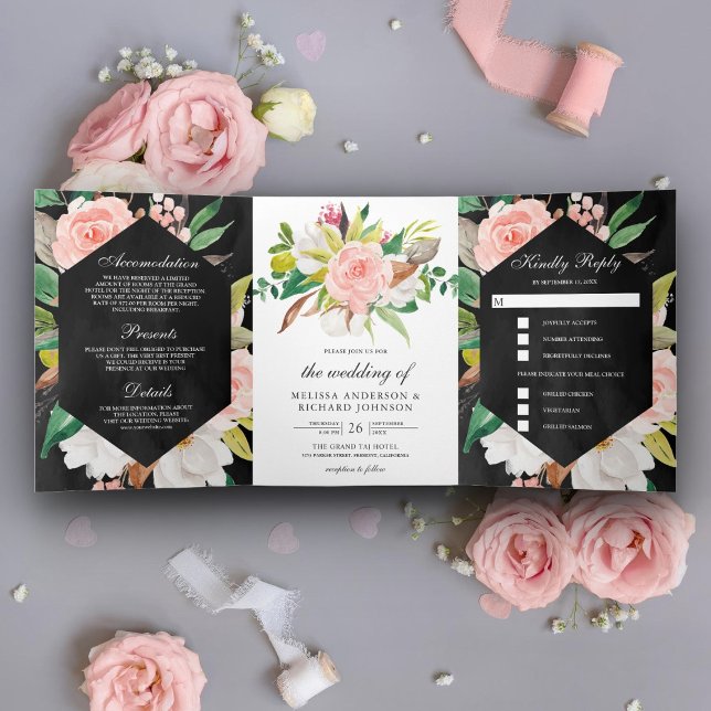 Invitación Tríptica Boda floral negra de magnolia blanca con rubor ros (Subido por el creador)