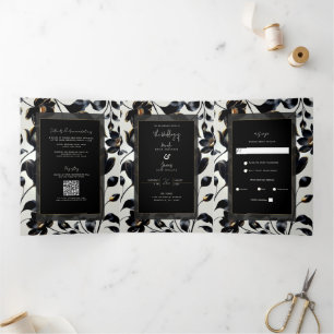 Invitación Tríptica Boda floral negro y dorado en greige