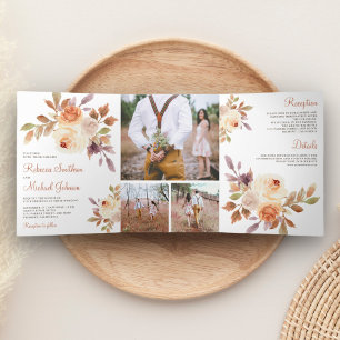 Invitación Tríptica Boda Floral Polvorienta Terrosa Rústica Melocotón