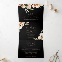 Invitación Tríptica Boda floral real formal negro