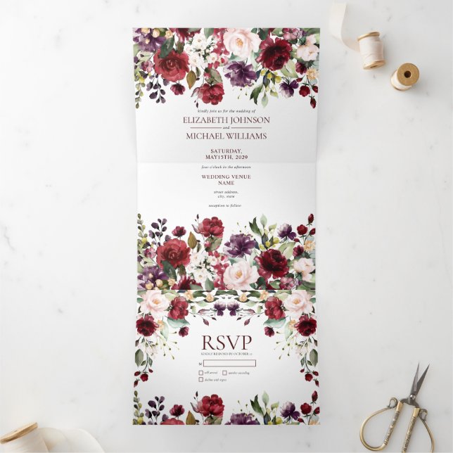 Invitación Tríptica Boda floral romántico borgoña (Interior)