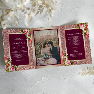 Invitación Tríptica Boda Floral Rosa Brillo Purpurina Dorado Rosa Fals