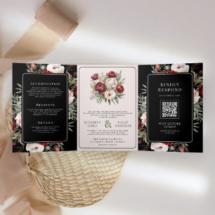 Invitación Tríptica Boda floral rosa burgundy negro melancólico