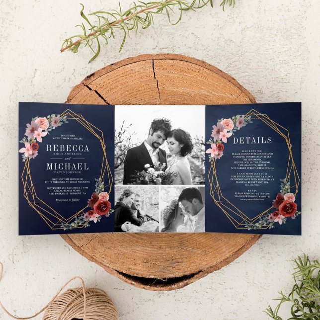 Invitación Tríptica Boda floral rosa de la Marina Azul Rubor Borgoña (Subido por el creador)