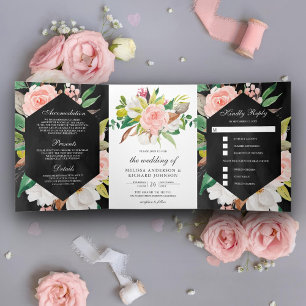 Invitación Tríptica Boda floral rosa de magnolia blanca negra