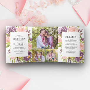 Invitación Tríptica Boda Floral Rosa Plomo Polvoriento Rústico Púrpura