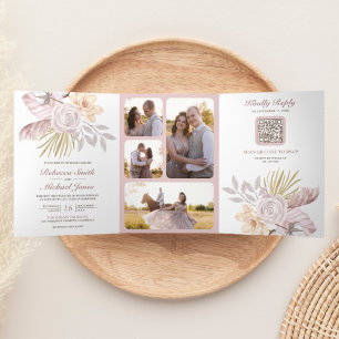 Invitación Tríptica Boda Floral Rosa Polvo Rústico Código QR