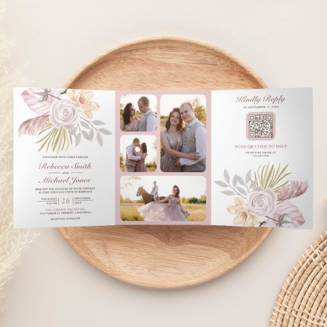 Invitación Tríptica Boda Floral Rosa Polvo Rústico Código QR (Subido por el creador)