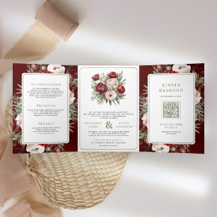 Invitación Tríptica Boda floral rosa rojizo de Borgoña todo en uno