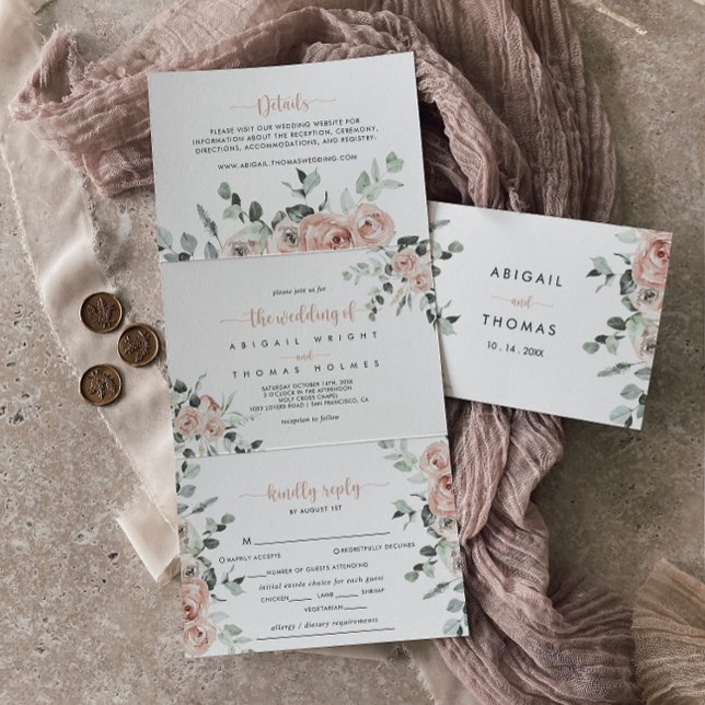 Invitación Tríptica Boda floral rosa rosa rosado clásico (Subido por el creador)