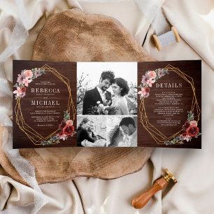 Invitación Tríptica Boda Floral Rosa Rubor Burgundy Madera Rústica