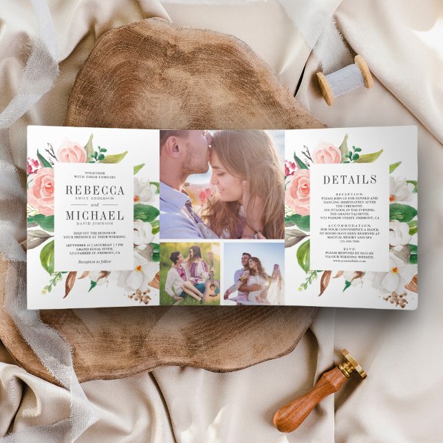 Invitación Tríptica Boda floral rosa Rubor de algodón magnolia blanca (Subido por el creador)