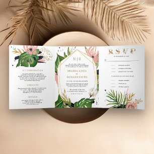 Invitación Tríptica Boda floral rosa Rubor de oro tropical salvaje