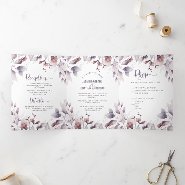 Invitación Tríptica Boda floral rosada ruidosa morada morada (Interior)