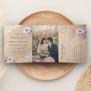 Invitación Tríptica Boda floral rosado de color rugoso