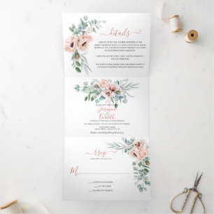 Invitación Tríptica Boda floral Rubor Pink & Ivory Watercolor