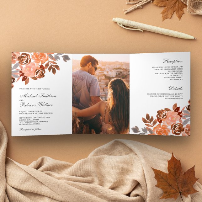Invitación Tríptica Boda floral Rusthy Earthy Terracotta (Subido por el creador)