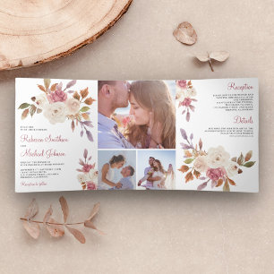 Invitación Tríptica Boda Floral Rústica con Rosa Polvorienta e Ivory