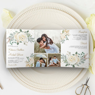 Invitación Tríptica Boda Floral Rústica con Verde y Marfil Dorado