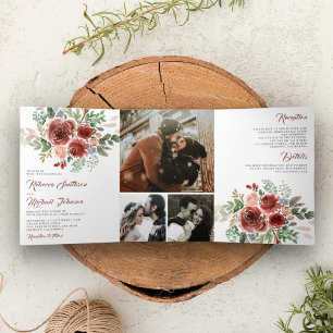 Invitación Tríptica Boda Floral Rústica de Campo con Marsala