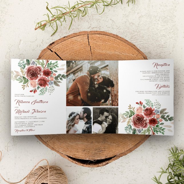 Invitación Tríptica Boda Floral Rústica de Campo con Marsala (Subido por el creador)