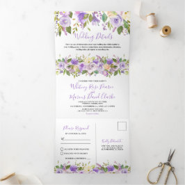 Invitación Tríptica Boda floral rústica púrpura 3 en 1