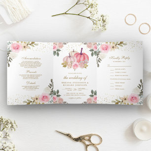 Invitación Tríptica Boda floral Rústico de calabaza rosa y dorada