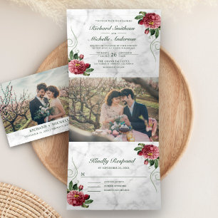 Invitación Tríptica Boda floral Rústico de mármol blanco Hidrangea