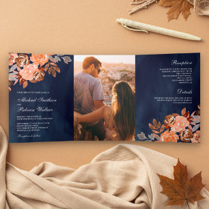 Invitación Tríptica Boda Floral Terracota Terrosa Rústica Azul Mariner