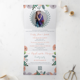 Invitación Tríptica Boda floral verde menta de amor lavanda melocotón