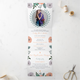 Invitación Tríptica Boda floral verde menta y lavanda de amor melocotó