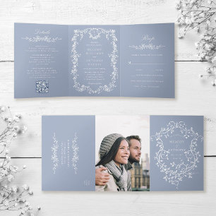 Invitación Tríptica Boda floral victoriana francesa clásica azul polvo