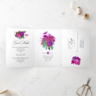 Invitación Tríptica Boda Floral Vintage Fuchsia y Morado Desgastado