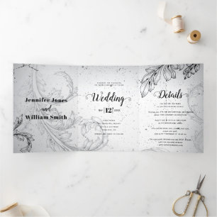Invitación Tríptica Boda floreciente de hojas de desplazamiento gris y